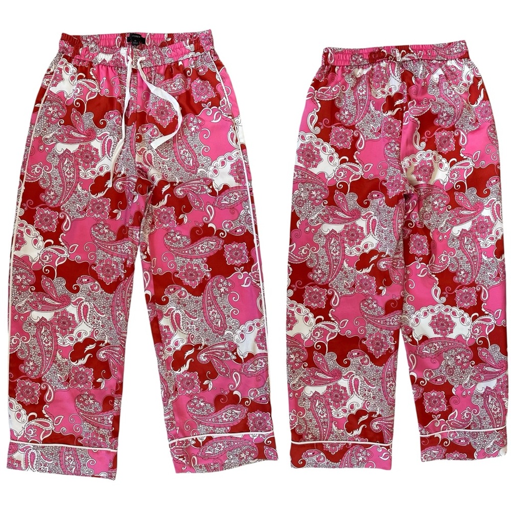 J Crew Casual Satin Pink Red White Paisley White Piping Casual Crop Pants Size 0